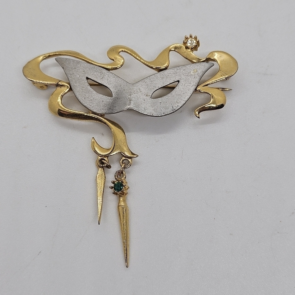 JJ J Jonette silver and gold tone masquerade mask pin